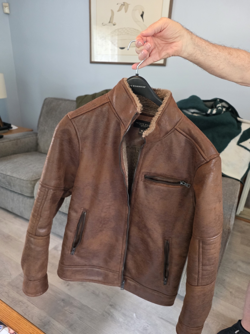 Mens Pronto Uomo Brown Shearling-Trim Bomber Jacket NWOT